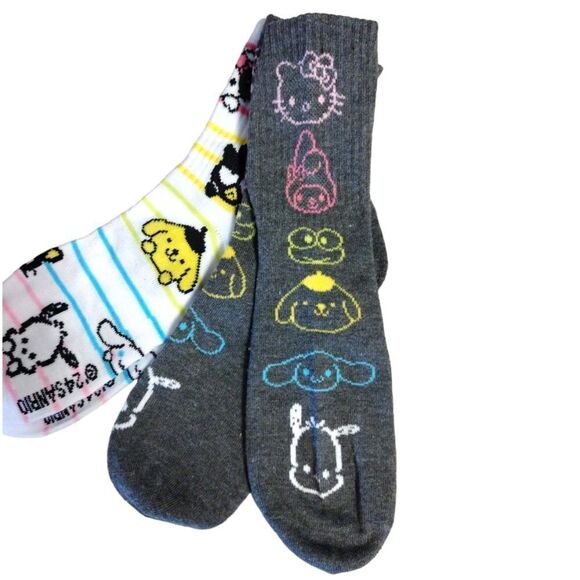 Hello Kitty and Friends 2 Pairs Grey Colorful Prints Mid Crew Socks NWT - Picture 10 of 15